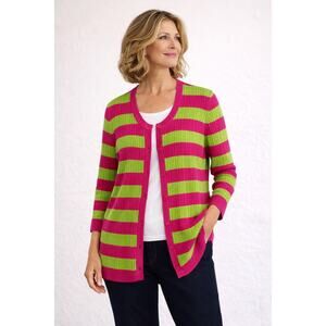 Talbots XL Lightweight Cableknit Button up Cardigan Striped Fuchsia Lime Green